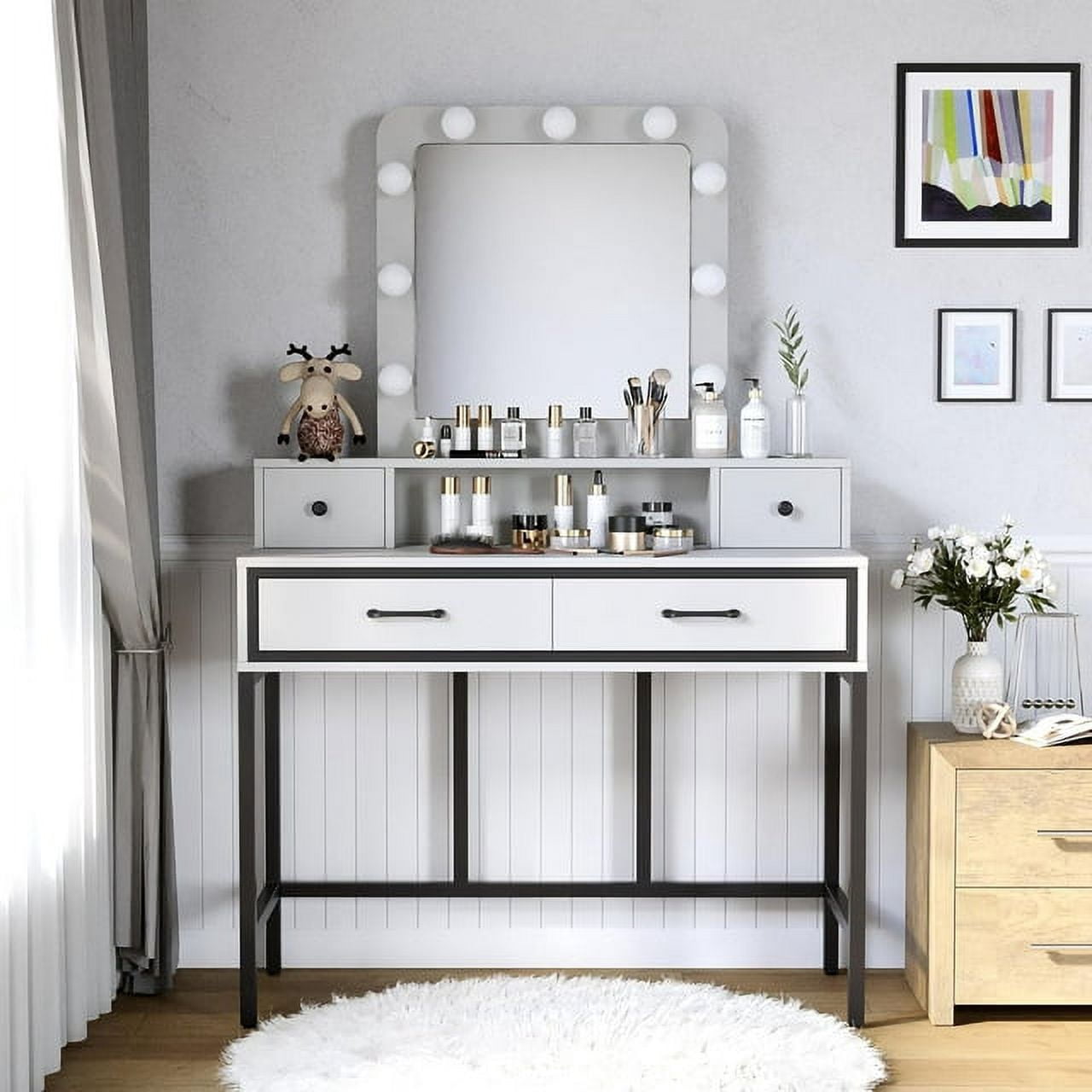Heynemo Makeup Vanity 3 Color Hollywood Mirror with Dimmable Lighted, Vanity Table with 4 Drawers for Women Girls, Dressing Desk for Bedroom, Beauty Room, White