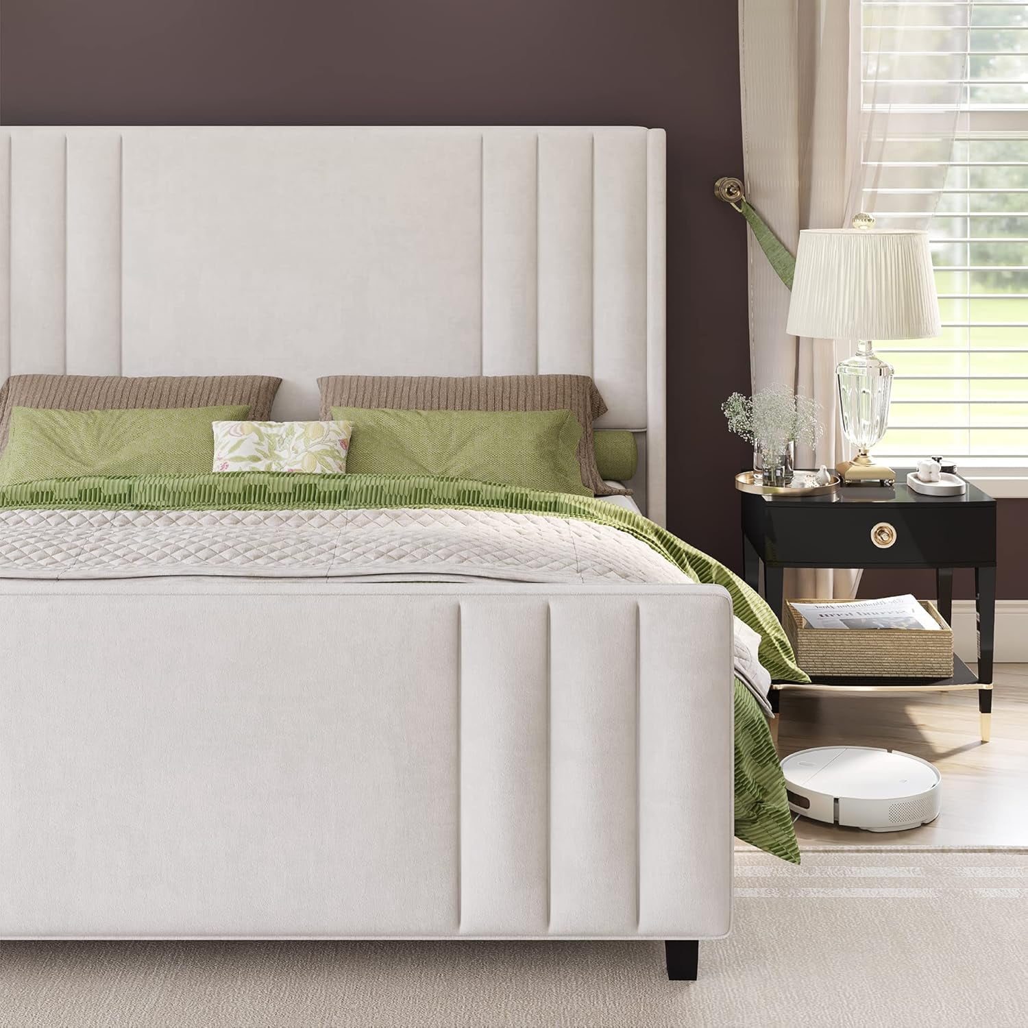 VanAcc Velvet Upholstered Queen Size Bed Frame with Headboard & Footboard/Wingback for Adult White