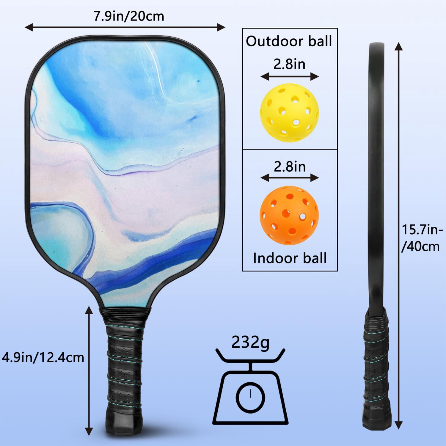 Pickleball Paddles Set Of 1, Fiberglass Surface, Liquid & Marble Print, 1 Paddles, 2 Balls & Bag