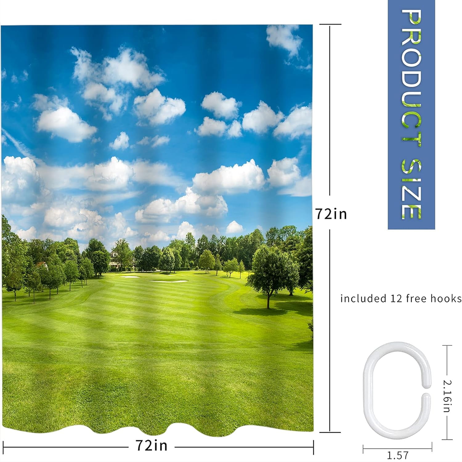 Golf Shower Curtain Course Green Golf Field and Blue Cloudy Sky Sunny Polyester Fabric Shower Curtain Sets with Hooks Waterproof Bathroom Decoration 72x72 Inch