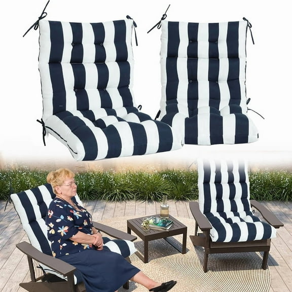 Outdoor High back patio chair cushions, rocking chair cushion set of 2, Waterproof lawn chair cushions with Ties, Seat cushions and Back cushions for Indoor and Outdoor(Navy and white)