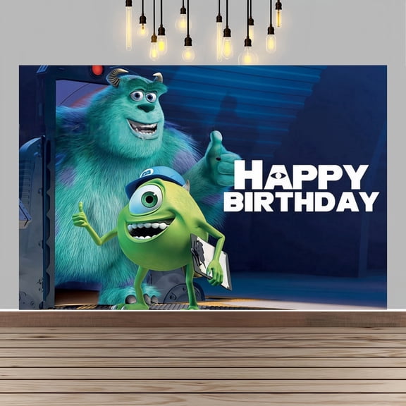 Monster Character Happy Birthday Backdrop, 5x3FT Blue Industrial Style Party Banner for Photo Booth & Decoration