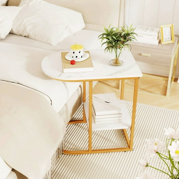 Auranook C-Shaped Side Table Compact 2-tier Storage End Table for Small Space White