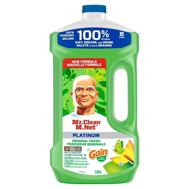 Green 1.89L Mr. Clean Platinum all purpose cleaner bottle featuring Gain original fresh scent and multi-surface cleaning formula