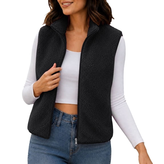 Karight Women's Fleece Vest Zip Up Stand Collar Sleeveless Lightweight Winter Warm Coat with Double-Sided Sherpa