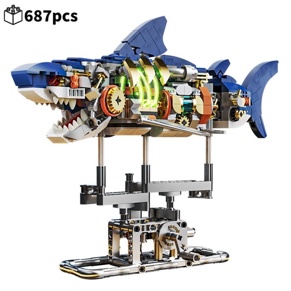Creative Mechanical Shark Sea Animal Life Set With Light Display Stand Building Blocks Bricks Model Assembly Toys For Kid Gifts