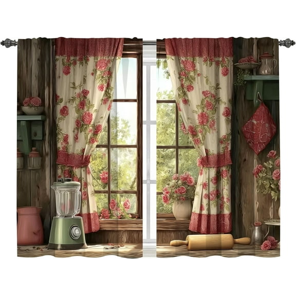 dinii Rose Kitchen Curtains Cafe Curtains for Bathroom Dining Room Living Room Pocket Window Drapes 2 Panels Set 28"x36"