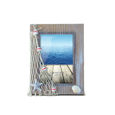 Starfish Photo Puzzled Wooden Picture Frame with Starfish Seashell & Fishing Net, 4 x 6 Inch Sculptural Photo Holder Intricate Wood Art Handcrafted Tabletop Accent Nautical Beach Themed Home Décor Accessory ()