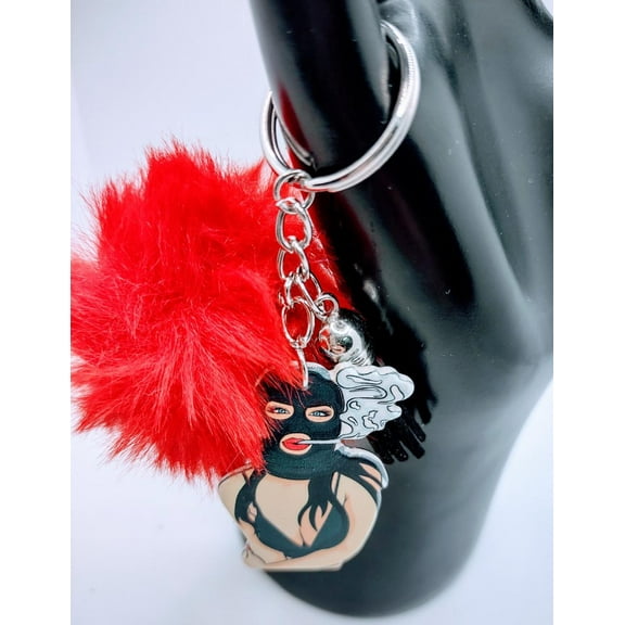 Lady Bandit Acrylic Keychain with faux fur and tassel charm