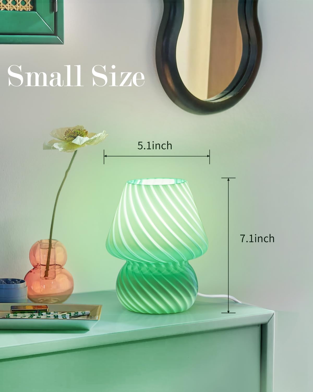 Mushroom Lamp, Small Bedside Lamp with Striped Glass, Nightstand Lamp for Bedroom Living Room, Home Decor, Gift, Green Striped