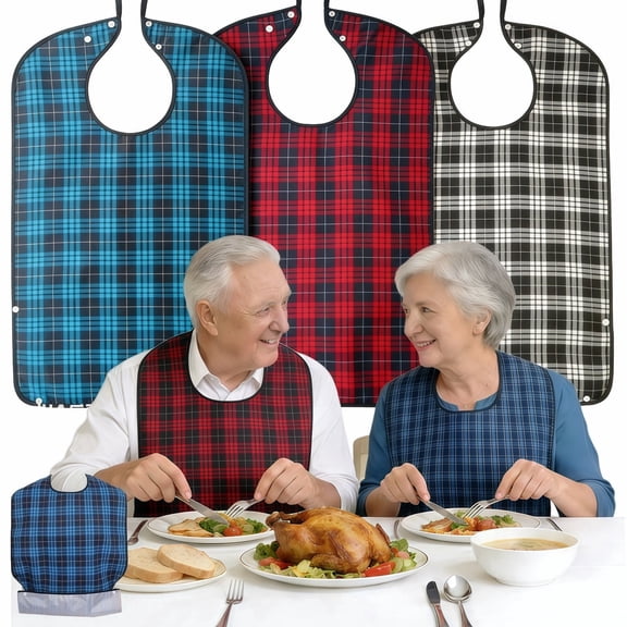 YMWVH Adult Bibs 3 Pack, Waterproof Reusable Bibs for Adults, Seniors & Men with Crumb Catcher Pocket, Adjustable Neck - Machine Washable, Large Coverage