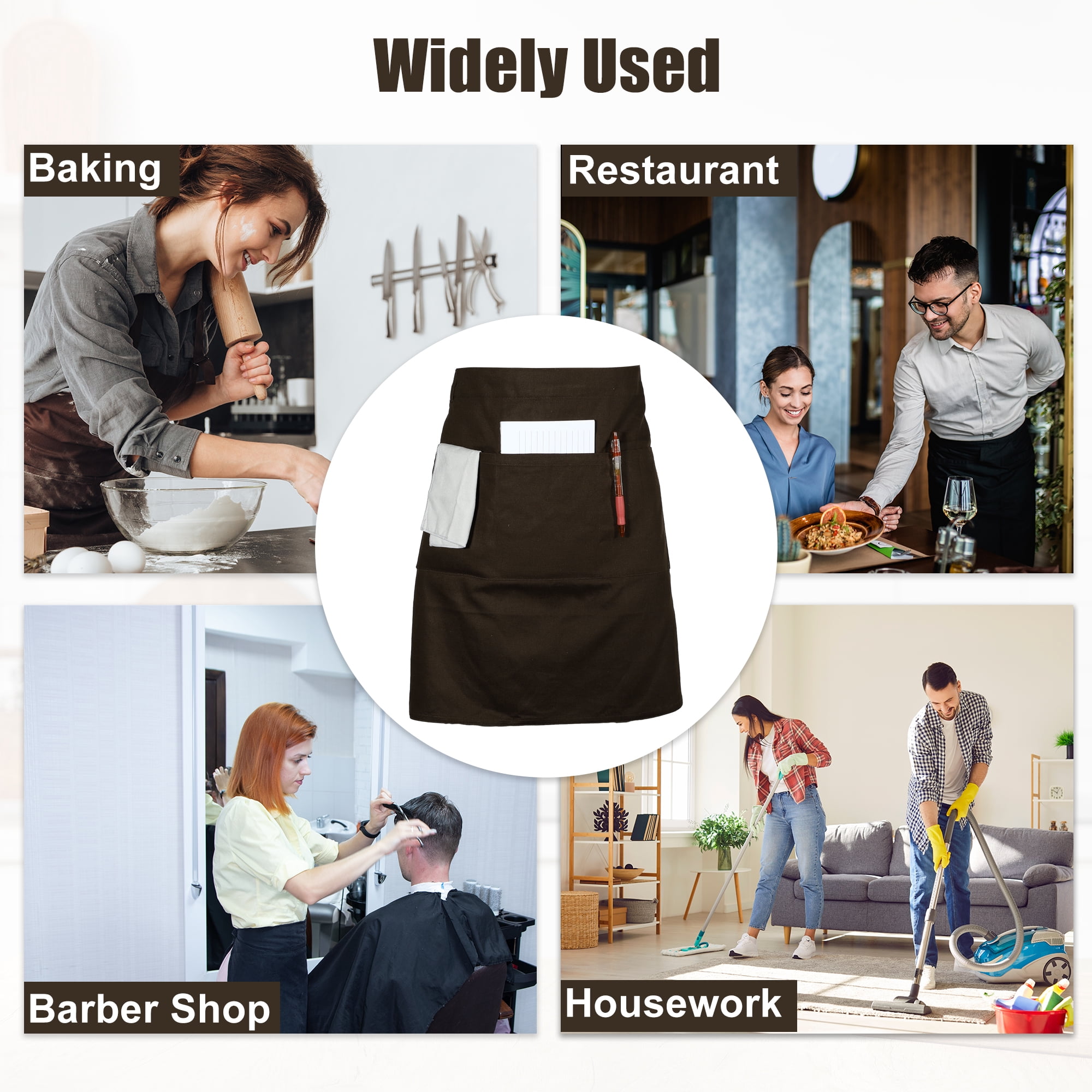 Unique Bargains Serving Cooking Versatile Waist Apron with Pockets Coffee Color