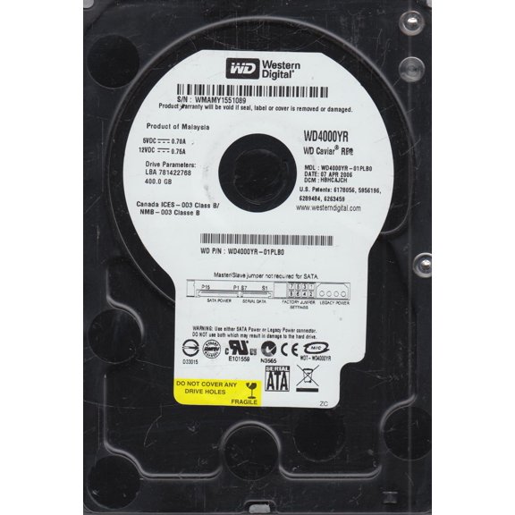 WD4000YR-01PLB0, DCM HBHCAJCH, Western Digital 400GB SATA 3.5 Hard Drive