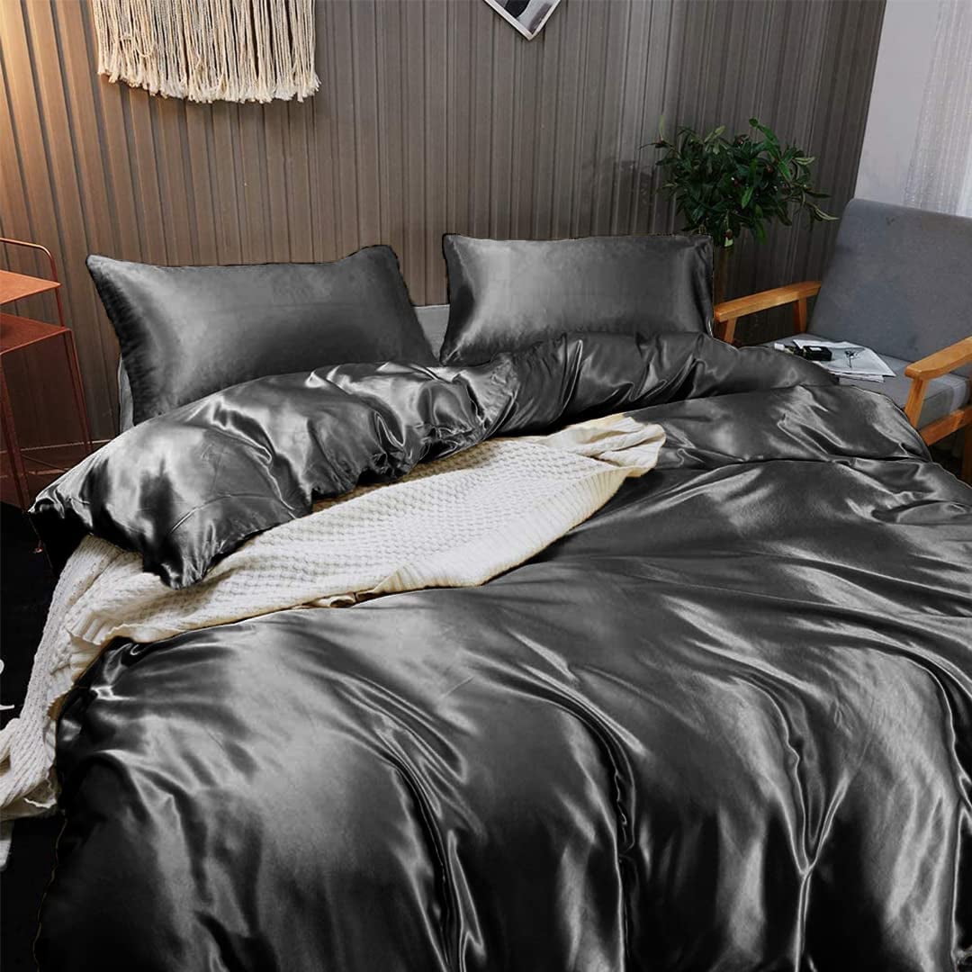 Cloud Fino Silk Satin Comorter | Box Stitched | 300 GSM Filling | All-Season Comforter | Luxurious Hotel Quality Quilt (Dark Grey,Full/Queen)