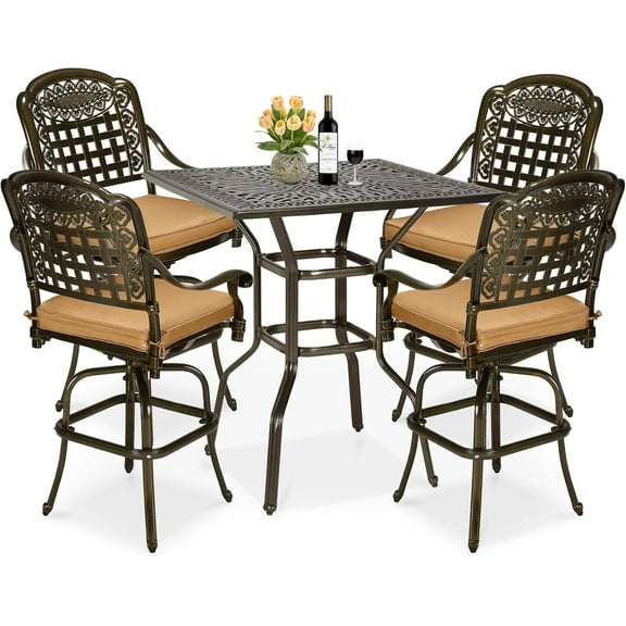 MEETWARM 5-Piece Patio Swivel Bar Set, All-Weather Cast Aluminum Outdoor High Bar Stool Bistro Set for Backyard Garden w/ 4 Cushions Bar Chairs with Footrest and 35.4" Bar Table, 2.2" Umbrella Hole
