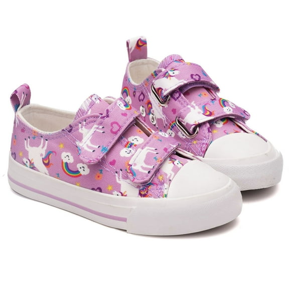 Toddler Kids Canvas Shoes Sneakers for little Girls Straps Low Top Slip On Unicorn Purple Adjustable Hook Loop with Non-Slip Rubber Sole Lightweight Breathable Size 8