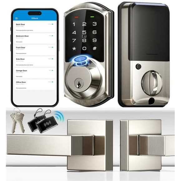 Veise Cerraduras inteligentes con huella dactilar para puerta delantera con juego de 2 manijas de palanca, control de aplicaciones, entrada sin llave, cerrojo con teclado digital electrónico, cerradur