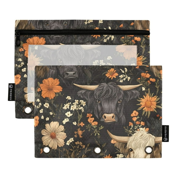 ALAZA 2 Pack Pencil Pouch Highland Cows Flower Pencil Case for 3 Ring Binder Clear Window Pencil Bag Organizers