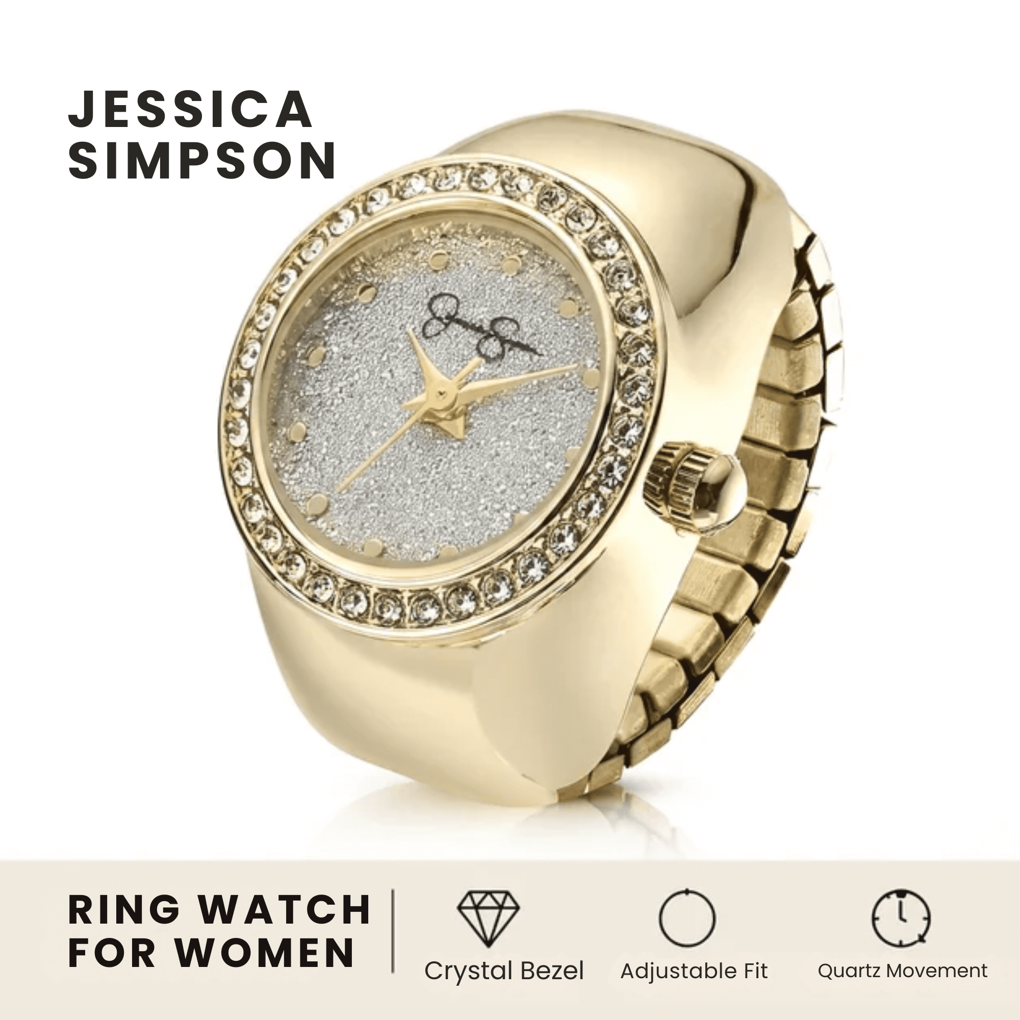 Jessica Simpson Women's Gold Adjustable Ring Watch – Crystal Bezel, Quartz Analog Mini Dial, Stretch Band Fashion Jewelry Accessory