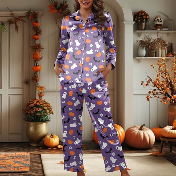 Halloween Pajamas Women Themed Soft Sleepwear Set Long Sleeve Top with Pants Breathable Loungewear Womens Pjs Purple XXL