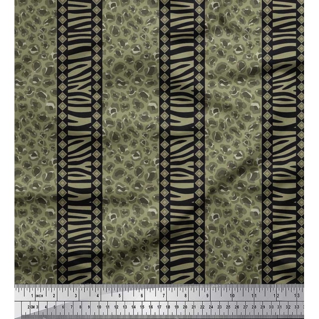 Soimoi Green polyester Crepe Fabric Stripe,Leopard & Wild Animal Skin Print Sewing Fabric BTY 52 Inch Wide