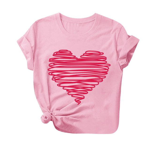 Besolor T-Shirt de la Saint-Valentin pour Femmes, Mode Imprimé Cœur, Manches Courtes, Col Rond