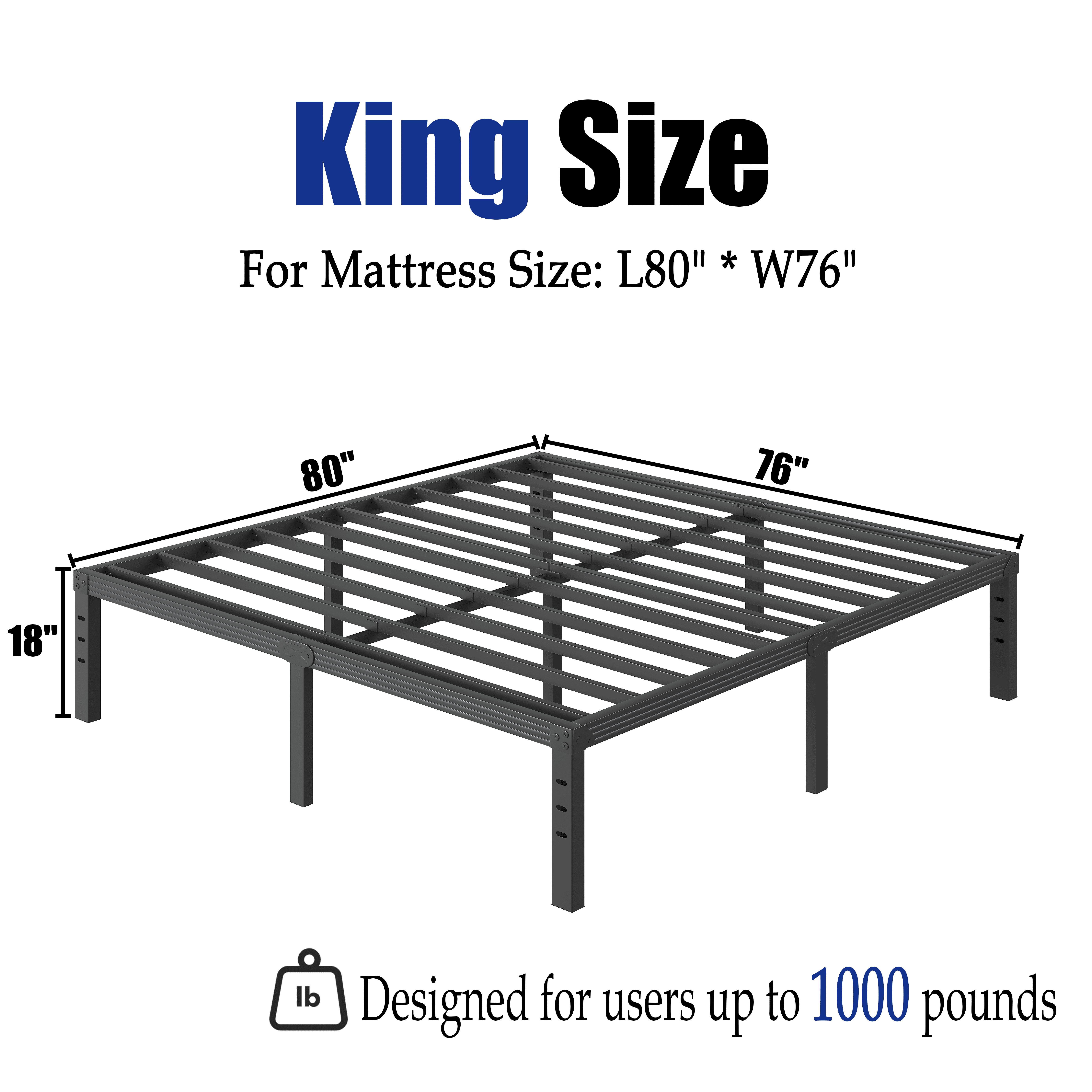 COMASACH 18 inch King Bed Frame, Easy Assembly, Heavy Duty Metal Platform, Noise Free, Black