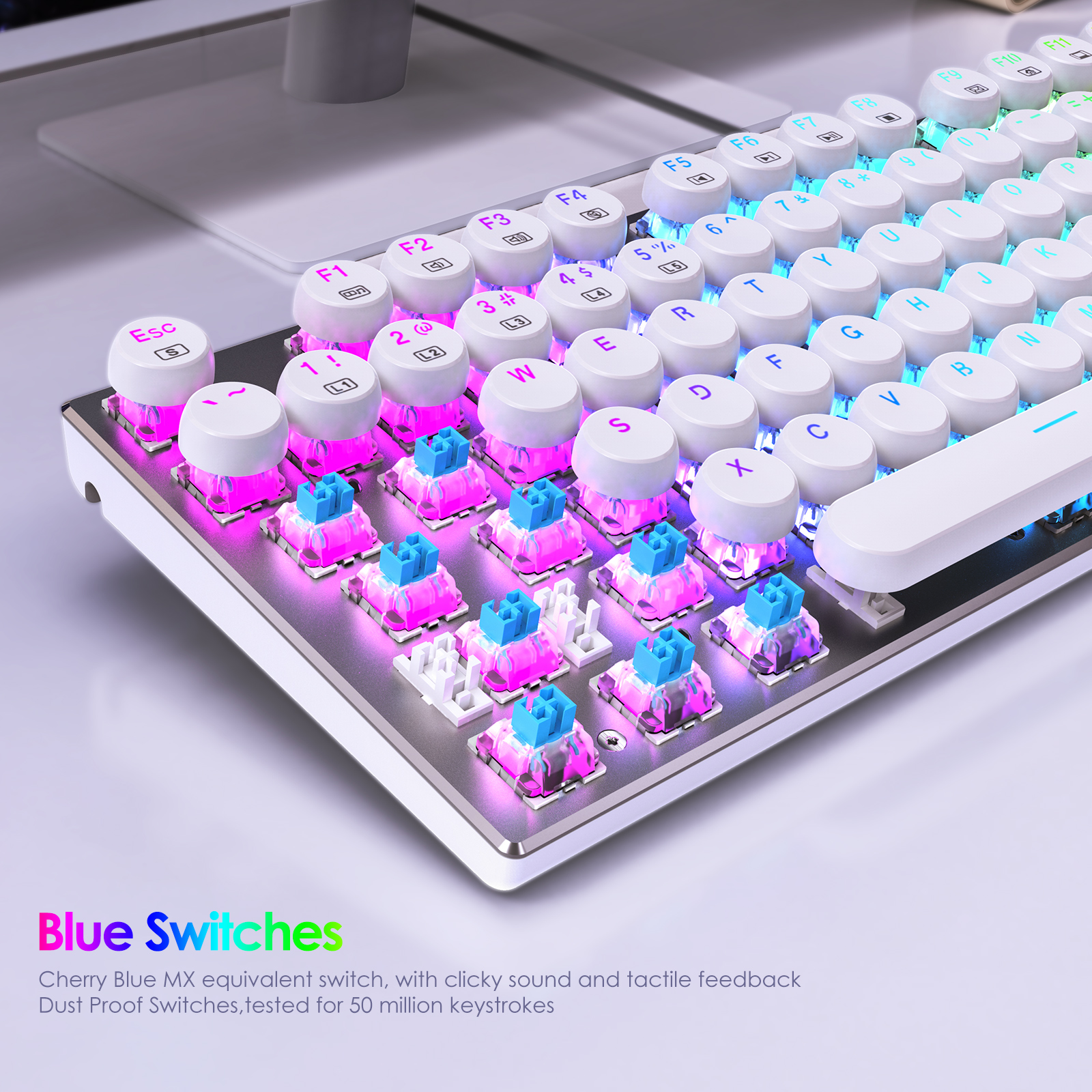 E-Yooso Typewriter Style White Retro Punk Gaming Keyboard with RGB Backlight, 104 Keys Blue Switch USB Wired Keyboard for Windows/Mac/PC