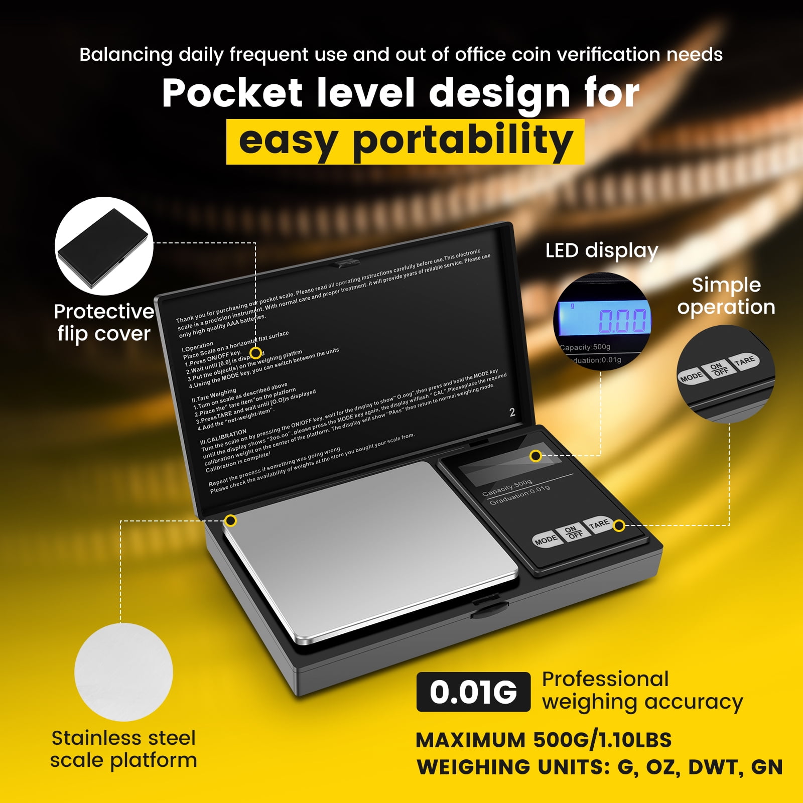 Ikoopy Pocket Gram Scale 500g/0.01g High Precision Digital Pocket Scale Units Conversion for Weighing Gold Silver Jewelry