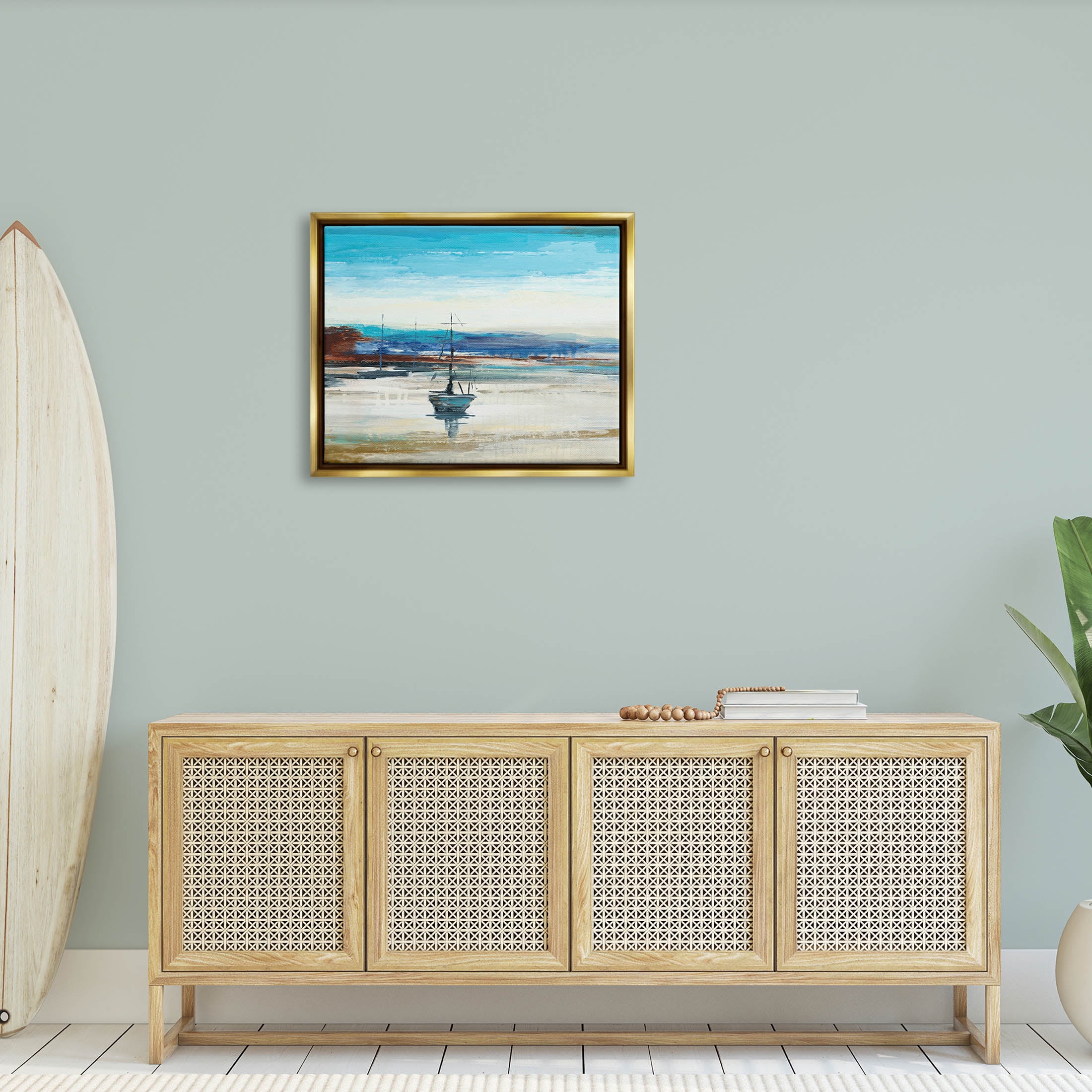 Abstract Boat Sea Reflection Coastal Painting Metallic Gold Framed Art Print Wall Art