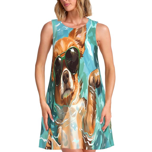 Easygdp Funny Swimming Chihuahua para Vestido Transpirable de Mujer, Vestido Suelto de Manga Corta con Pliegues y Bolsillos para el Verano