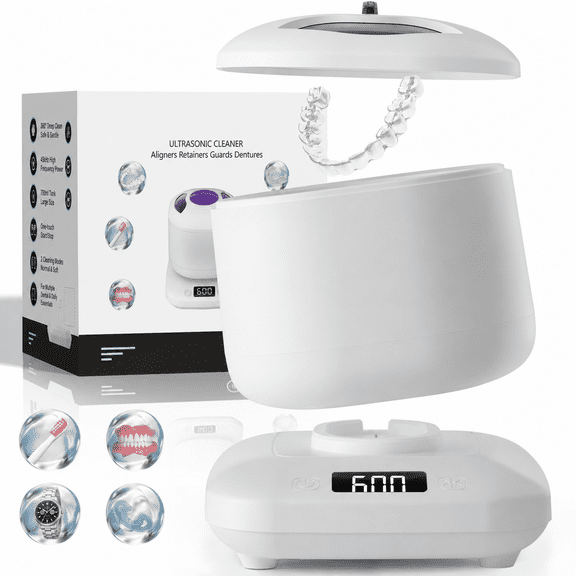 Ultrasonic Retainer Cleaner, 45kHz Retainer Cleaner Machine , Dental Pod for Aligners,  Mouth Guard, Jewelry, Toothbrush,Portable Detachable Tank, White, Gift