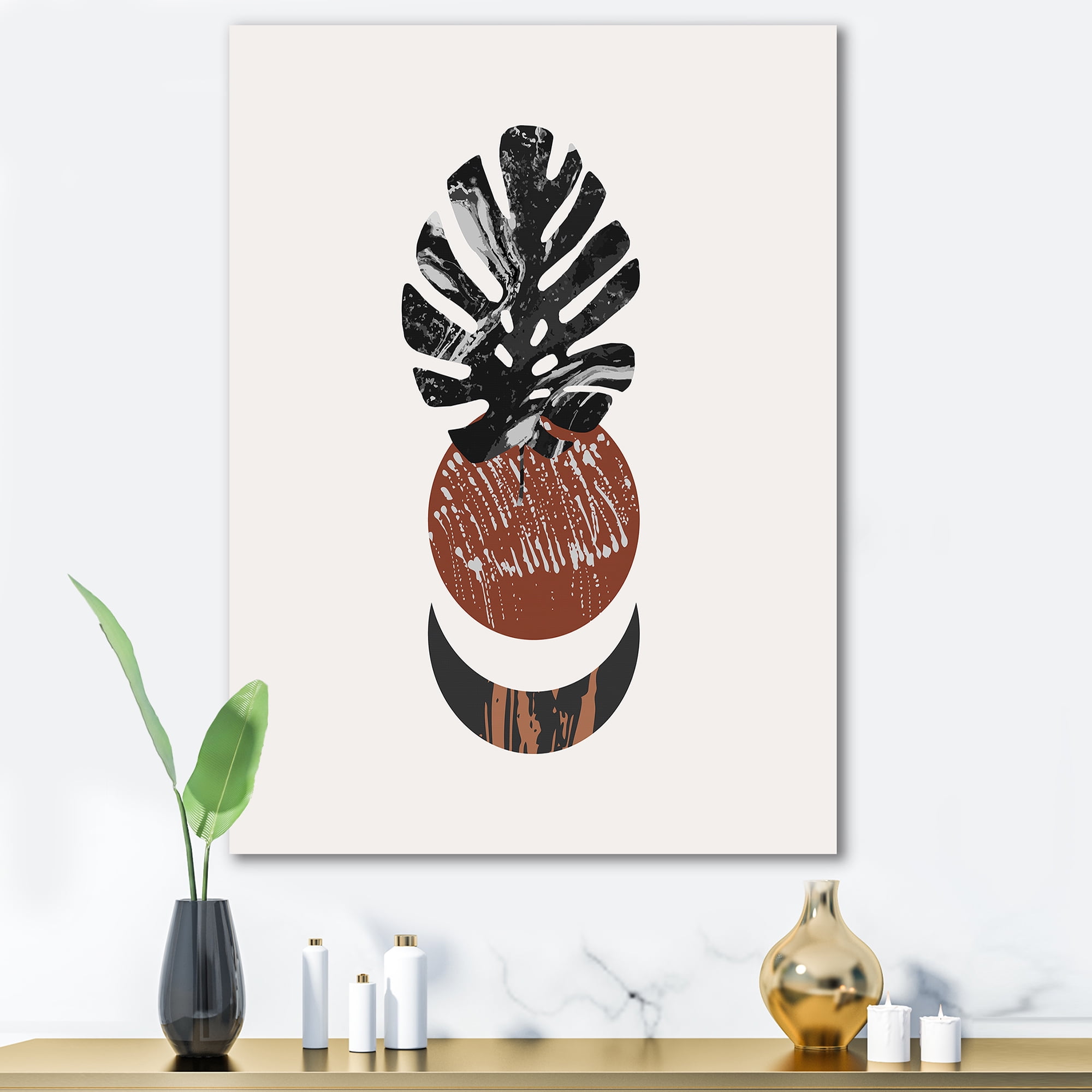 Designart ' Abstact Tropical Palm Leaf, Minimal Sun And Moon II ' Modern Canvas Wall Art Print