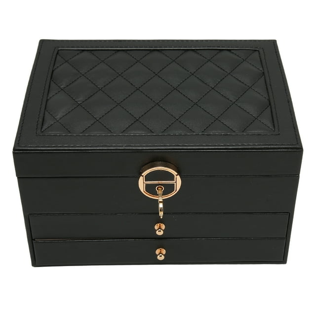 3 Layer Jewelry Box, Black PU Leather Jewelry Storage Case 2 Drawers Fashionable Safe For Bedroom
