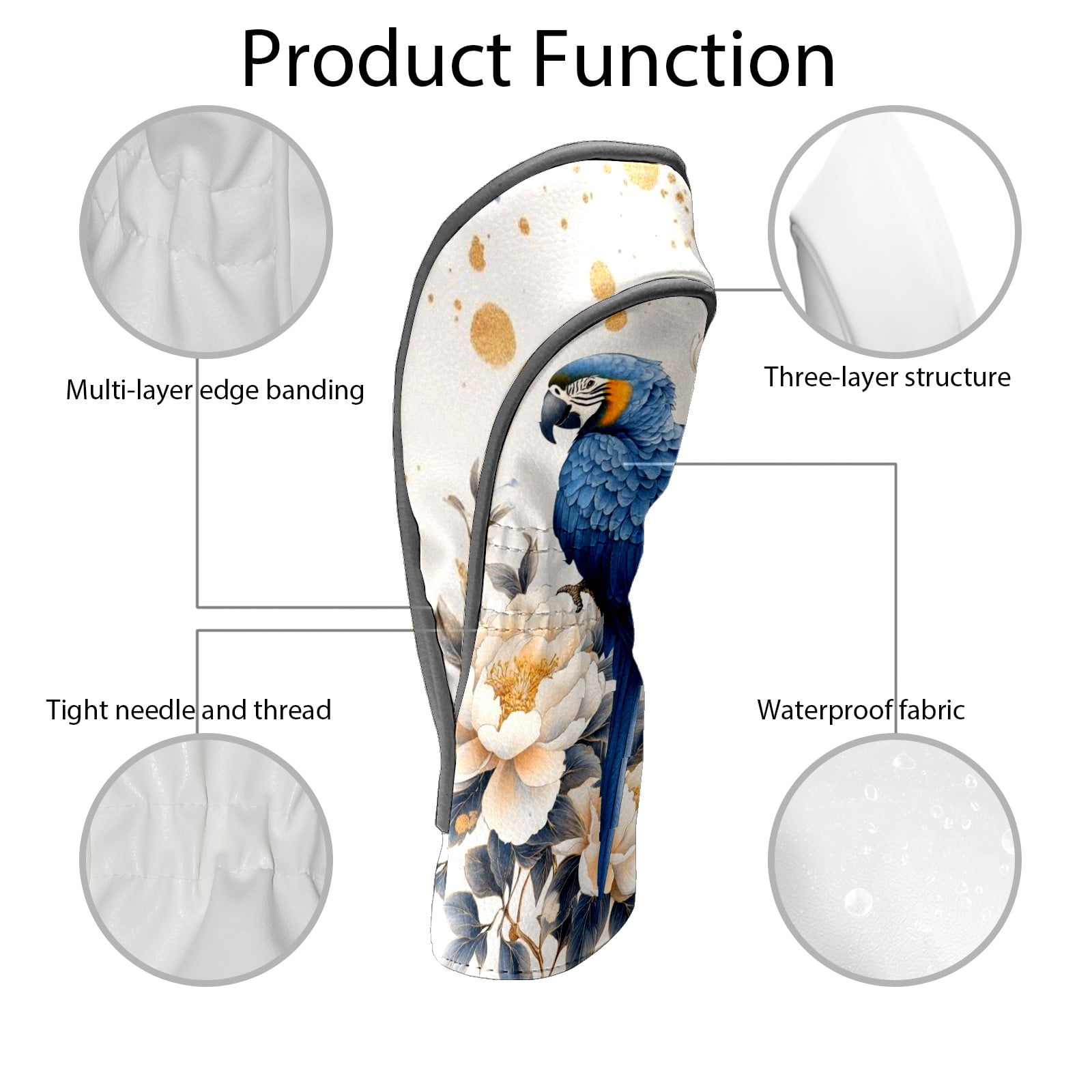Golf Head Covers Blue Parrot Design for Driver, Wood & Hybrid, Premium Waterproof PU Leather with Plush Lining, Tropical Bird Golf Gifts