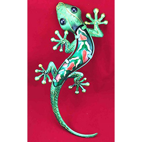 Climbing Green Lizard Gecko Copper Metal With Glass Wall Art Plaque