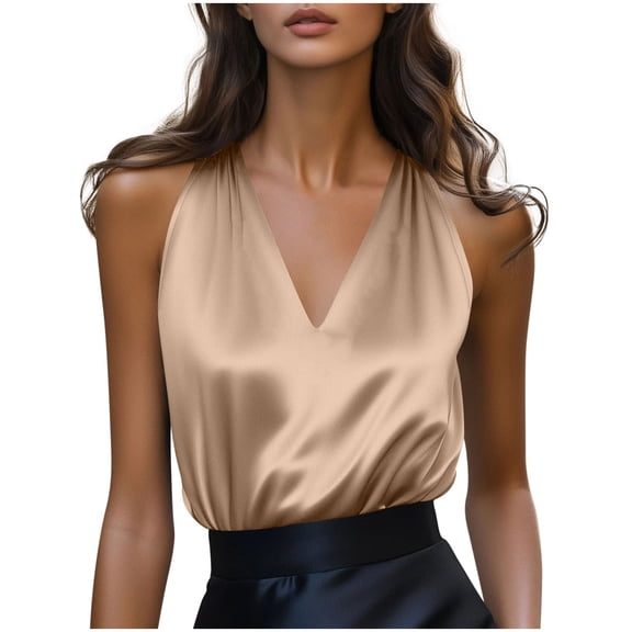 Htigea Women's Silk Satin Tank Top Summer V Neck Pleated Sleeveless Shirts Dressy88Business Blouses Rose Gold S