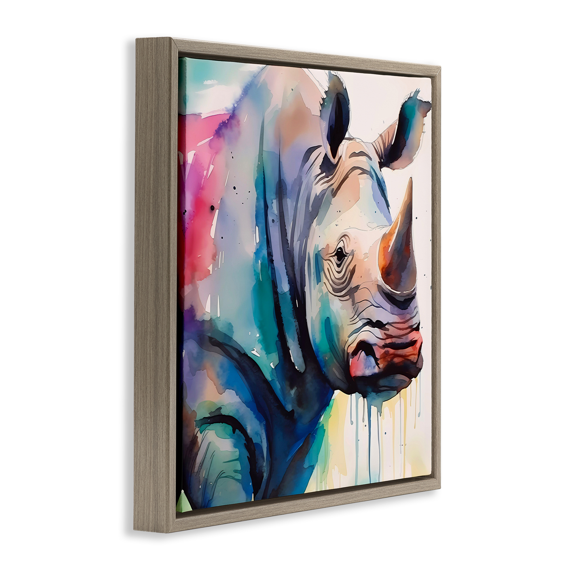 Stupell Industries Paint Drip Rhinoceros Animals & Insects Painting Brown Floater Framed Canvas Art Print Wall Art, 25 x 25