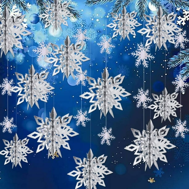 Decoraciones de copos de nieve colgantes de Navidad de invierno, 12 piezas de copos de nieve plateados grandes en 3D y 12 piezas de copos de nieve de papel blanco para colgar guirnaldas para Navidad, invierno, país de las maravillas, vacaciones, fiesta de año nuevo, decoración del hogar Ormromra DLM555