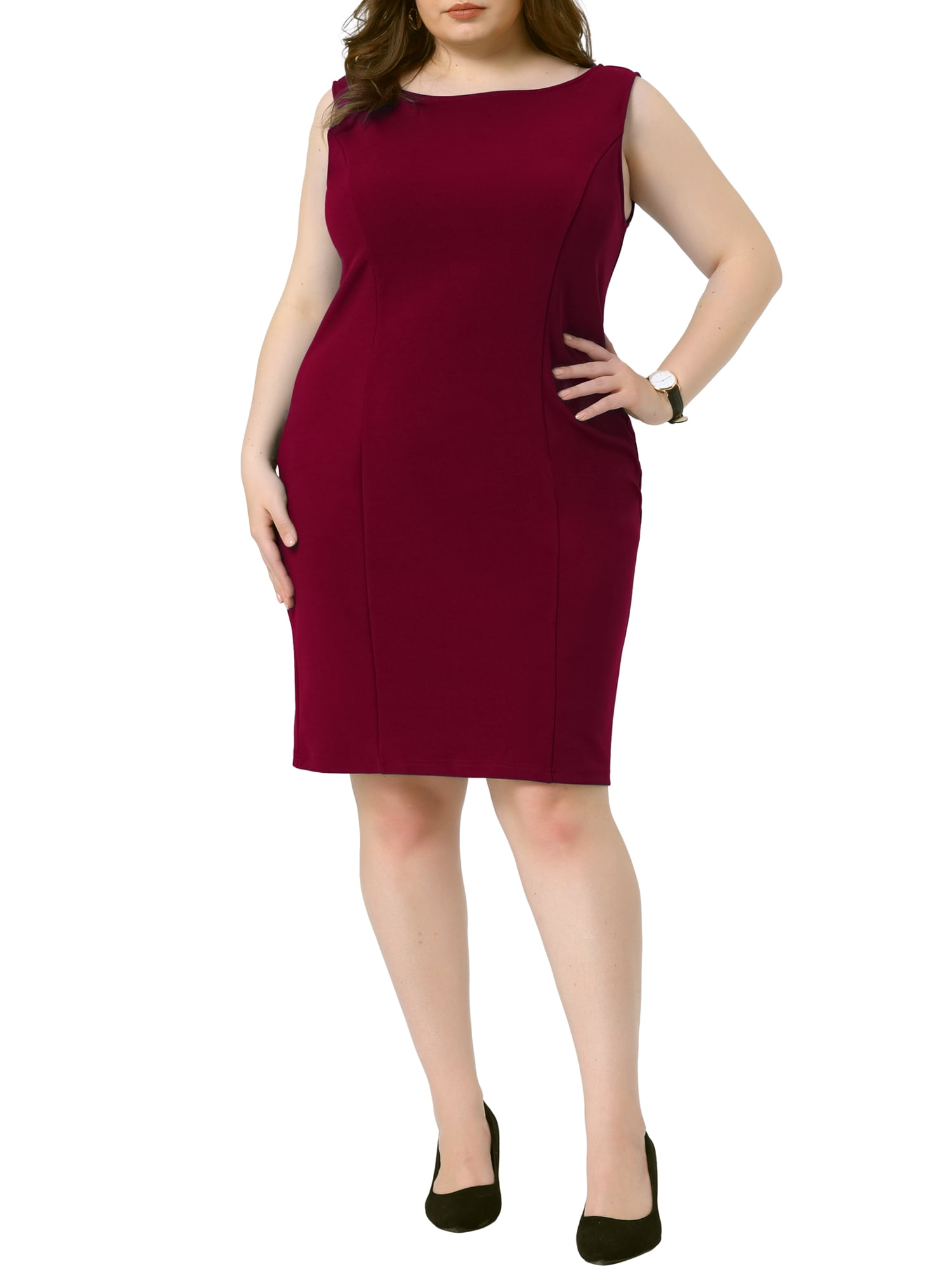 DARING DIVA Women's Plus Size Sleeveless Straight Pencil Sheath Dresses 1X Burgundy