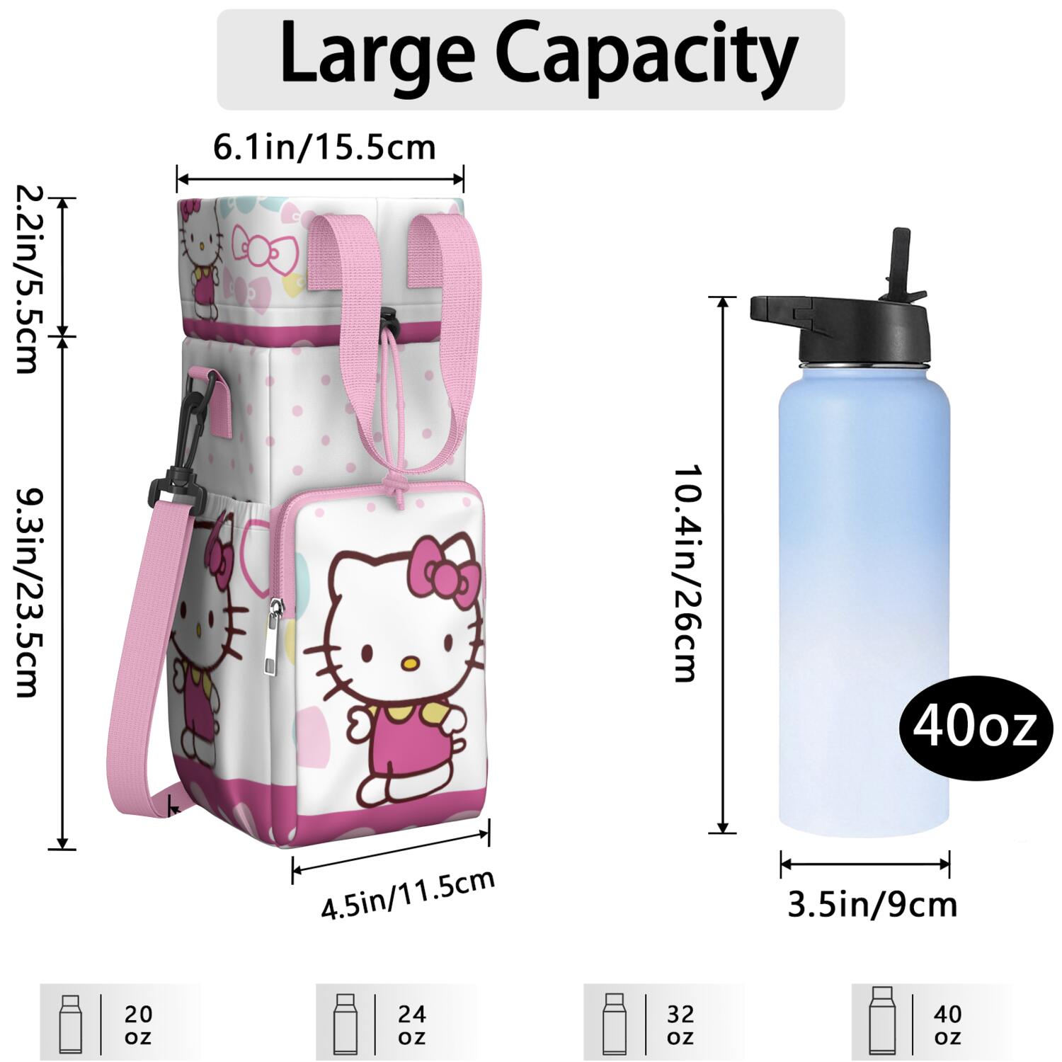 Insulated Water Bottle Carrier Bag Sleeve with Strap Crossbody for 20/24/32/40oz Tumbler,Hello Kawaii Cat Cute Water Bottle Holder Sling Bag with Pocket Gifts for Women Men Adults
