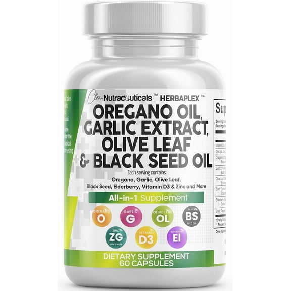 Oregano Oil 6000mg Garlic Extract 4000mg Olive Leaf 3000mg Black Seed Oil 3000mg - Immune Support & Digestive Health Supplement for Women and Men with Vitamin D3 and Zinc - 60 Caps