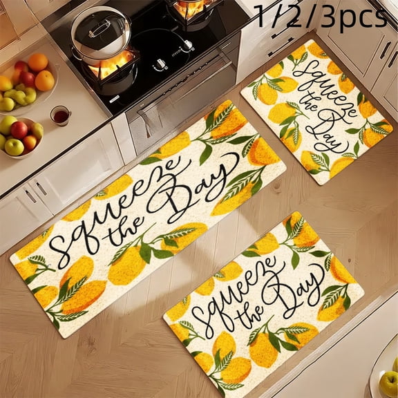 3PCS Mat Set, Welcome Door Rug, Home Decoration for Front Door, Kitchen, Bathroom, Squeeze The Day Lemon Pattern Print Kitchen Rug, Great Gift for Woman.