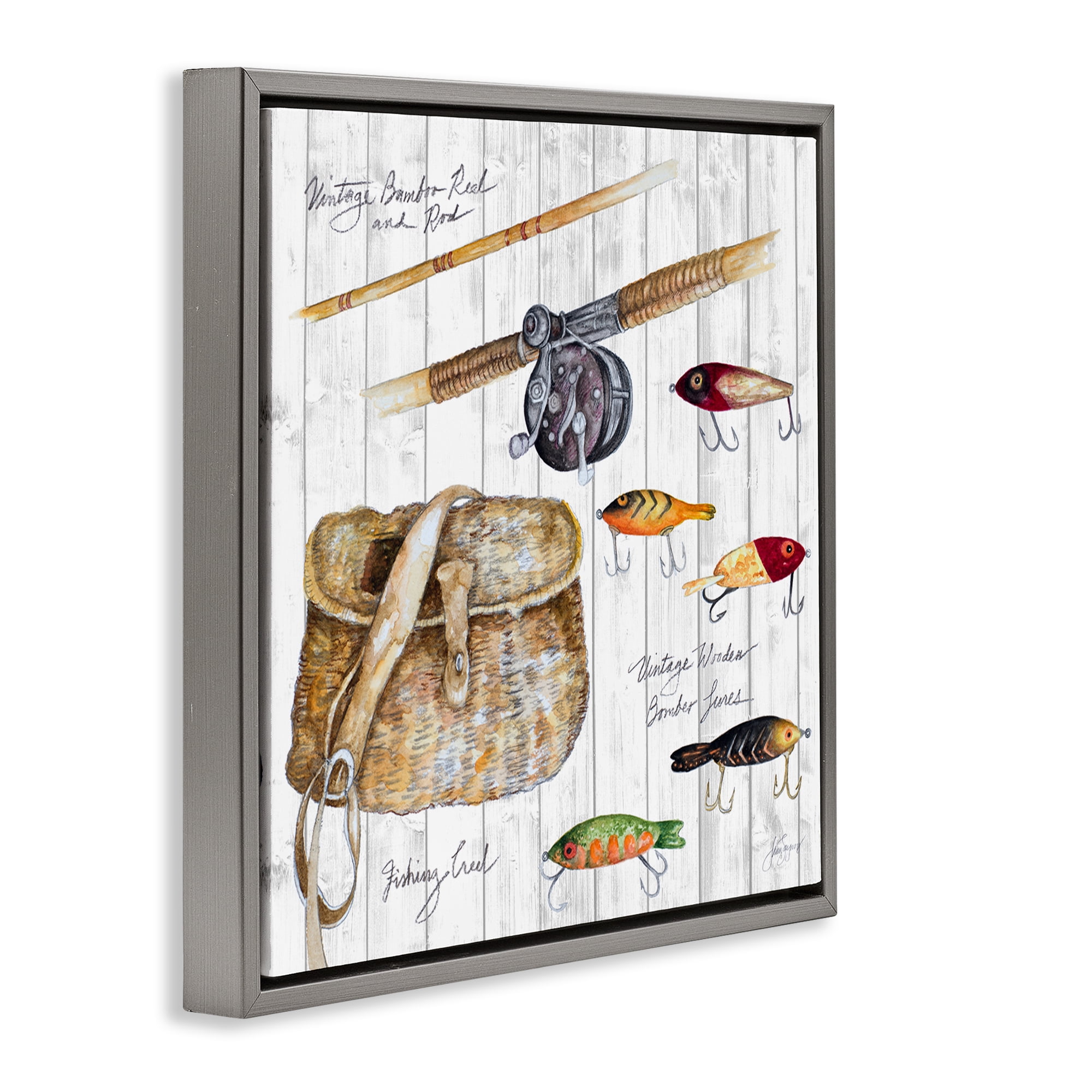 Stupell Industries Fishing Tackle Box Nautical & Beach Painting Gray Floater Framed Canvas Art Print Wall Art, 18 x 18