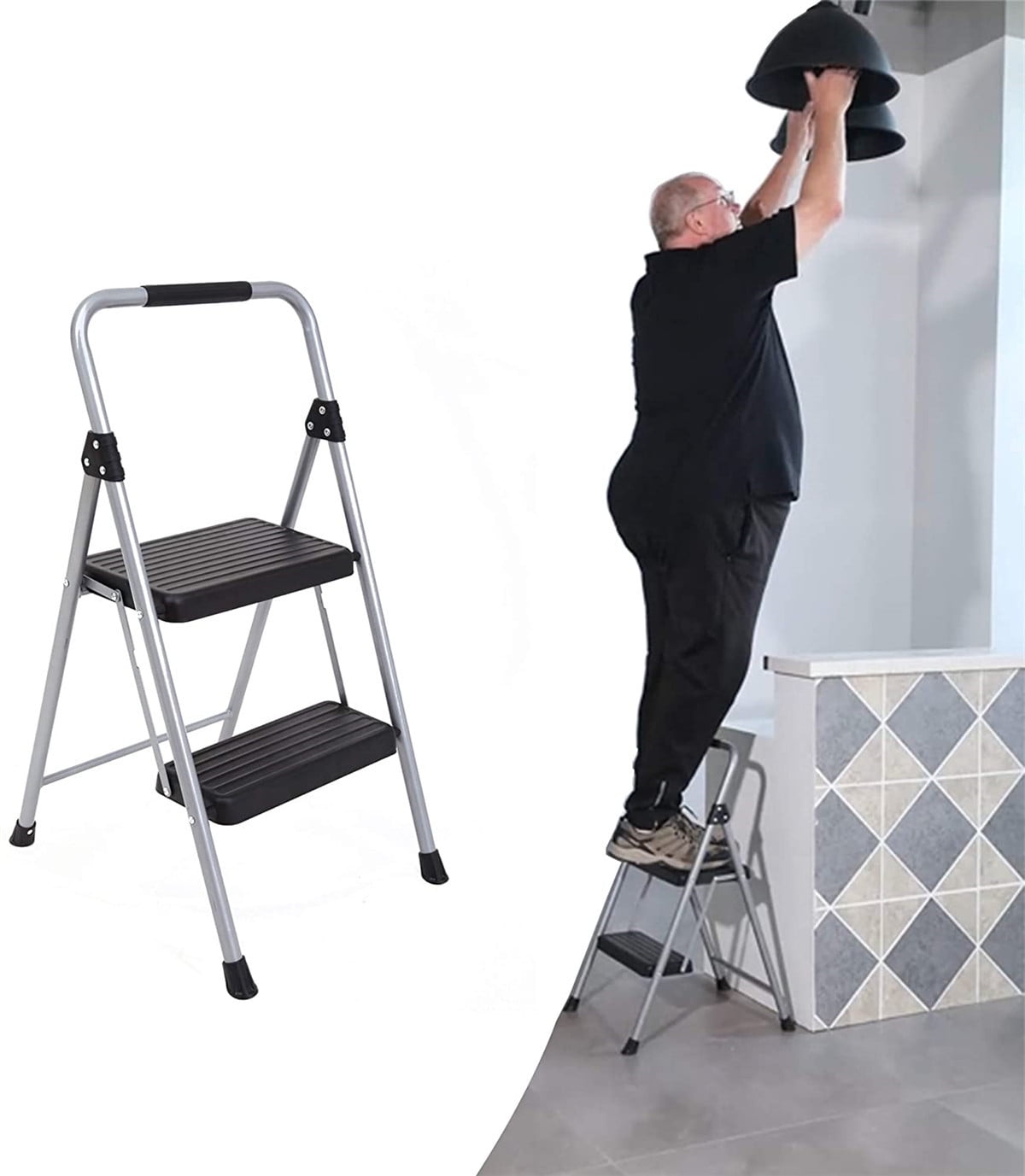 Eyliden Folding 2 Step Ladder Lightweight Steel Step Stool Sturdy Anti