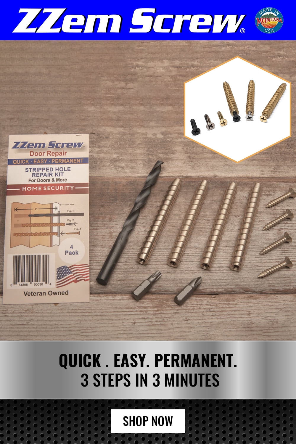 4 Pk #9X3" | ZZem Screw Door Security & Stripped Screw hole Repair kit-Fix Sagging Doors Permanently!