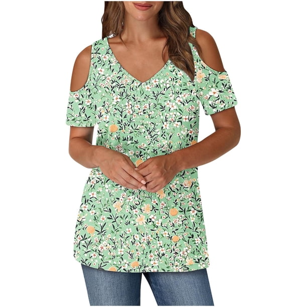 Tops de Algodón para las Mujeres Color Bloqueado Impreso Manga Corta Cuello en V Fuera Del Hombro, Top de Moda para Diario
