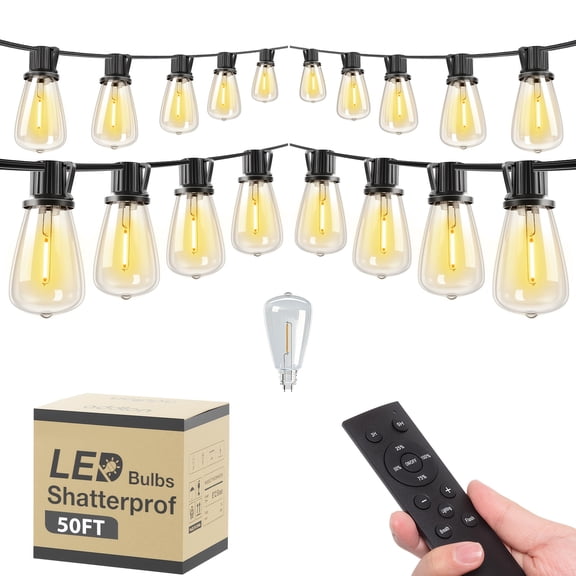 50FT IP54 Waterproof LED Outdoor String Lights With Remote Control- ETL Listed, Shatterproof ST38 Bulbs, Dimmable & Connectable