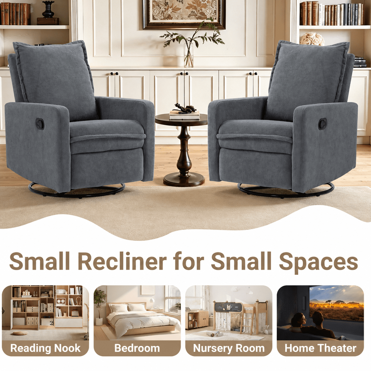 Paproos Swivel Rocker Recliner, Velvet 360°Swivel Rocking Recliner, Glider Rocking Chair for Nursery, Small Rocker Chair for Small Space, Manual Recliner for Adults for Home Theater, Gray