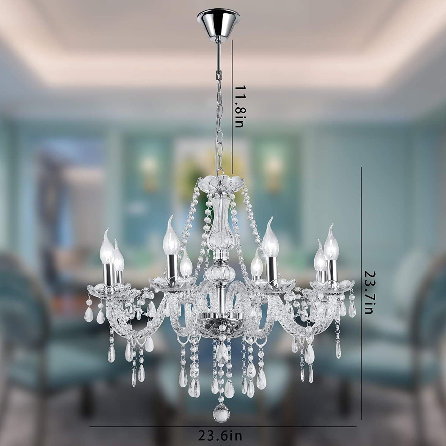 Datingday 8 Light Crystal Chandelier Silver Chandeliers for Dining Room Modern Chandelier Hanging Candle Chandelier Pendant Lighting Adjustable Height Ceiling Light Fixture, E12 Base (8 Bulbs)